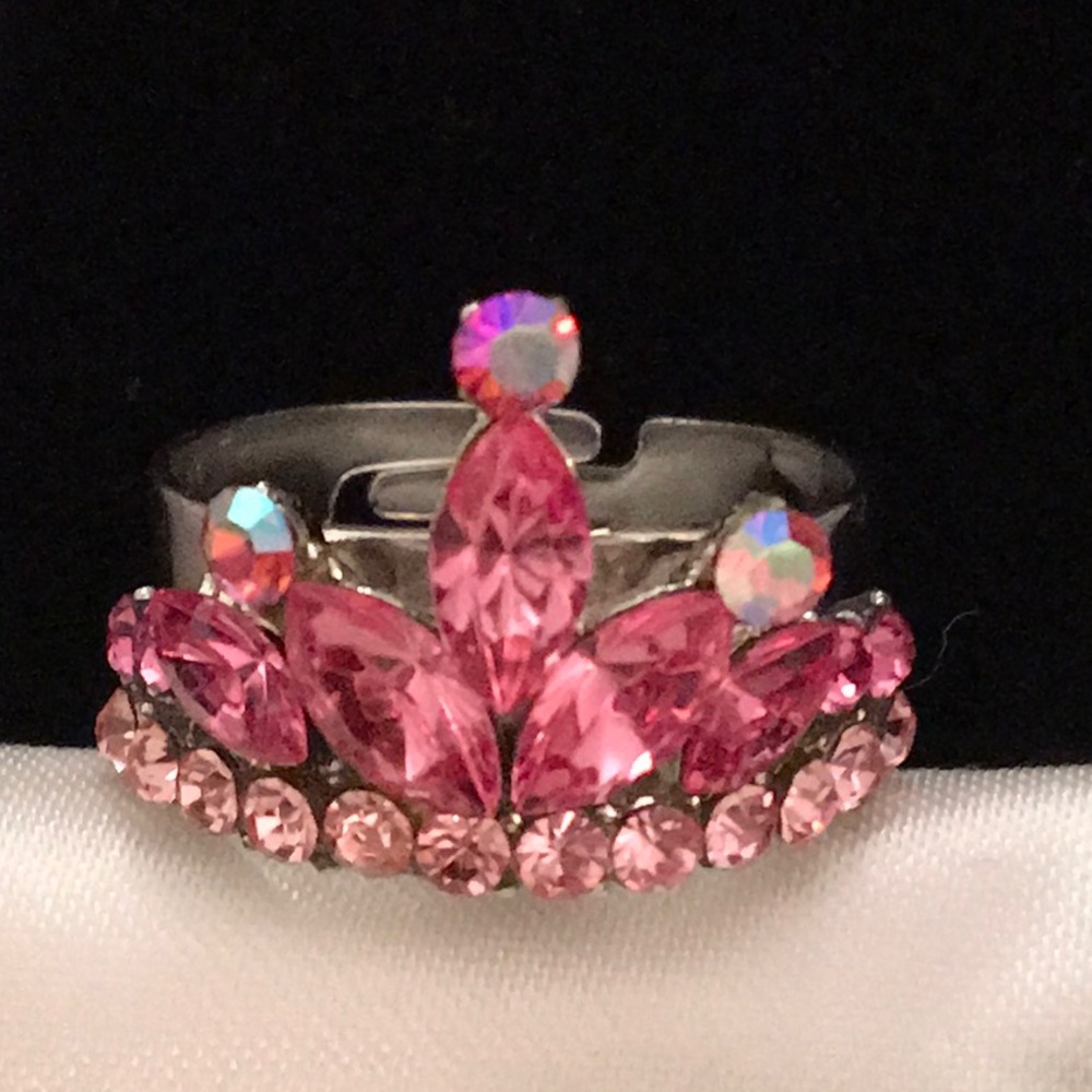 Pink Crystal Rhinestone Tiara Crown Large Size Ring Adjustable Queen Princess